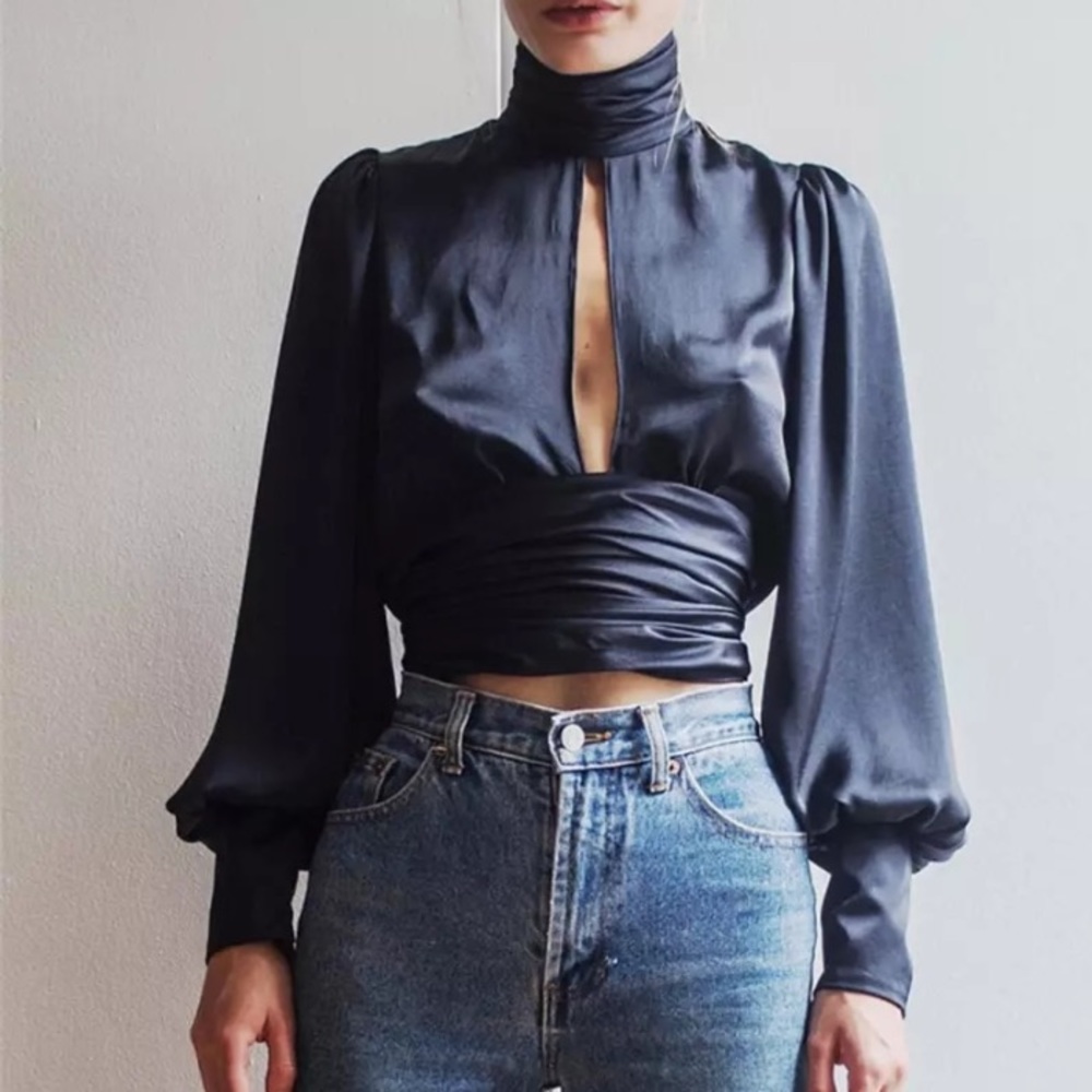 JENNA Deep Blue Silky Open Back Blouse